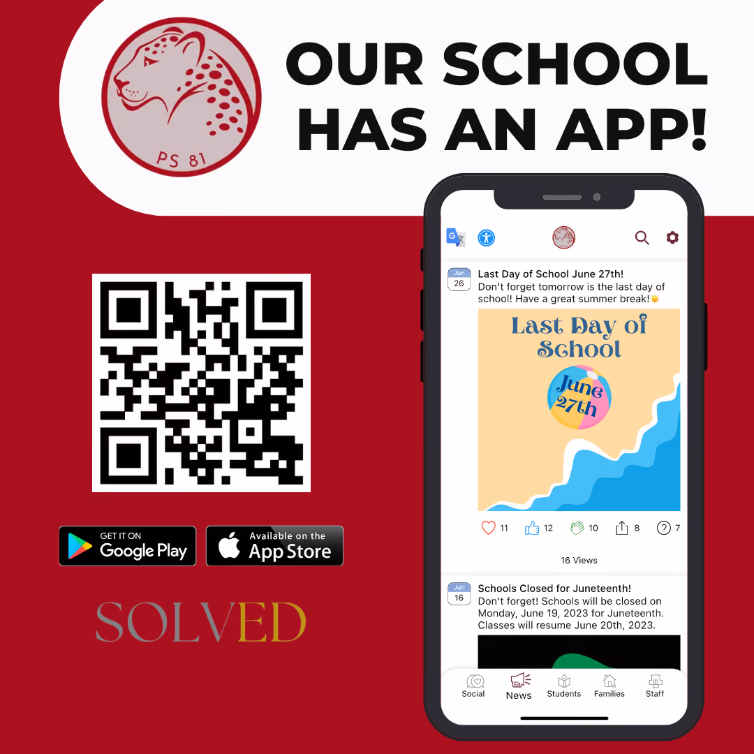 PS 81 school app promotional graphic with QR code and download links