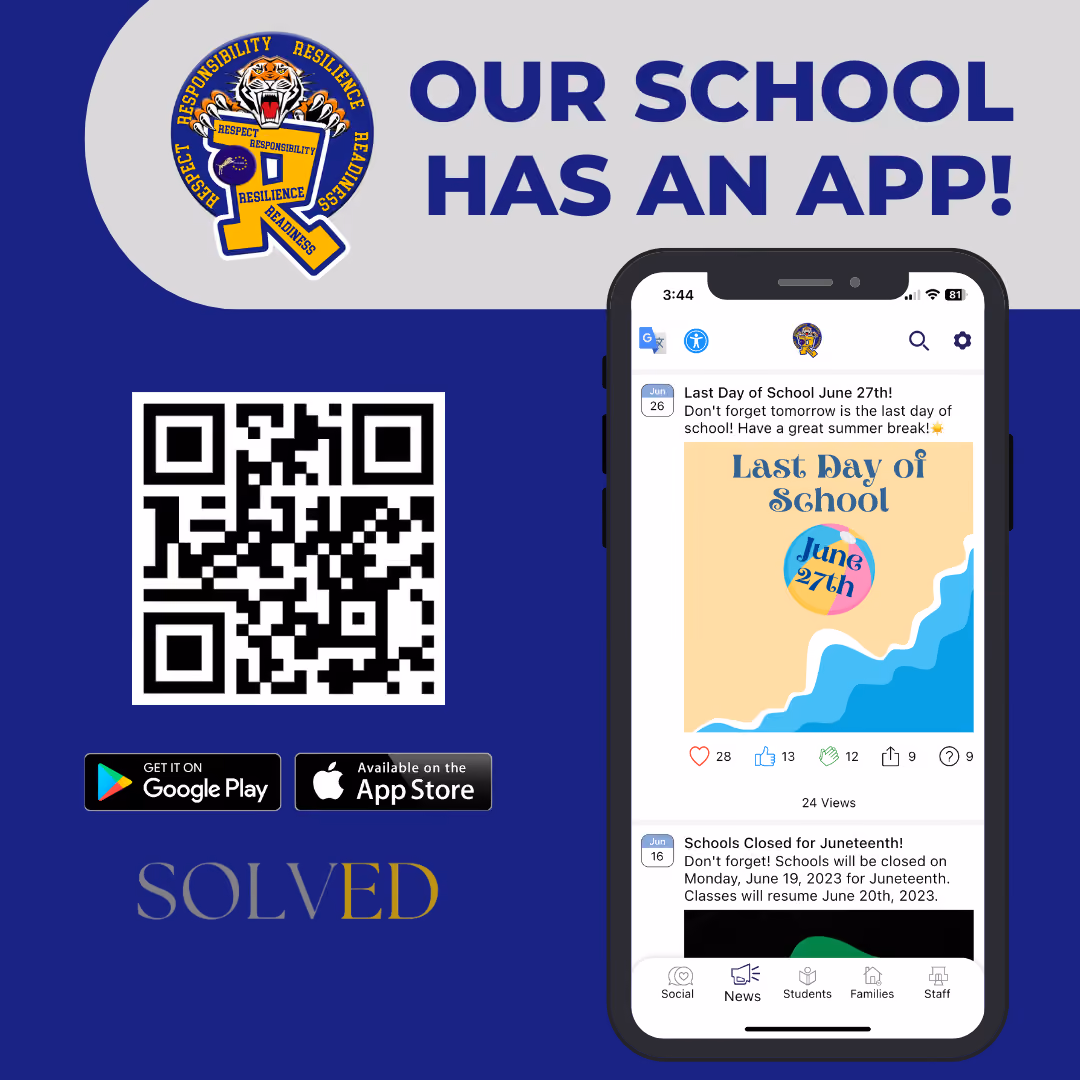 Promotional graphic showing school app download QR code and phone preview