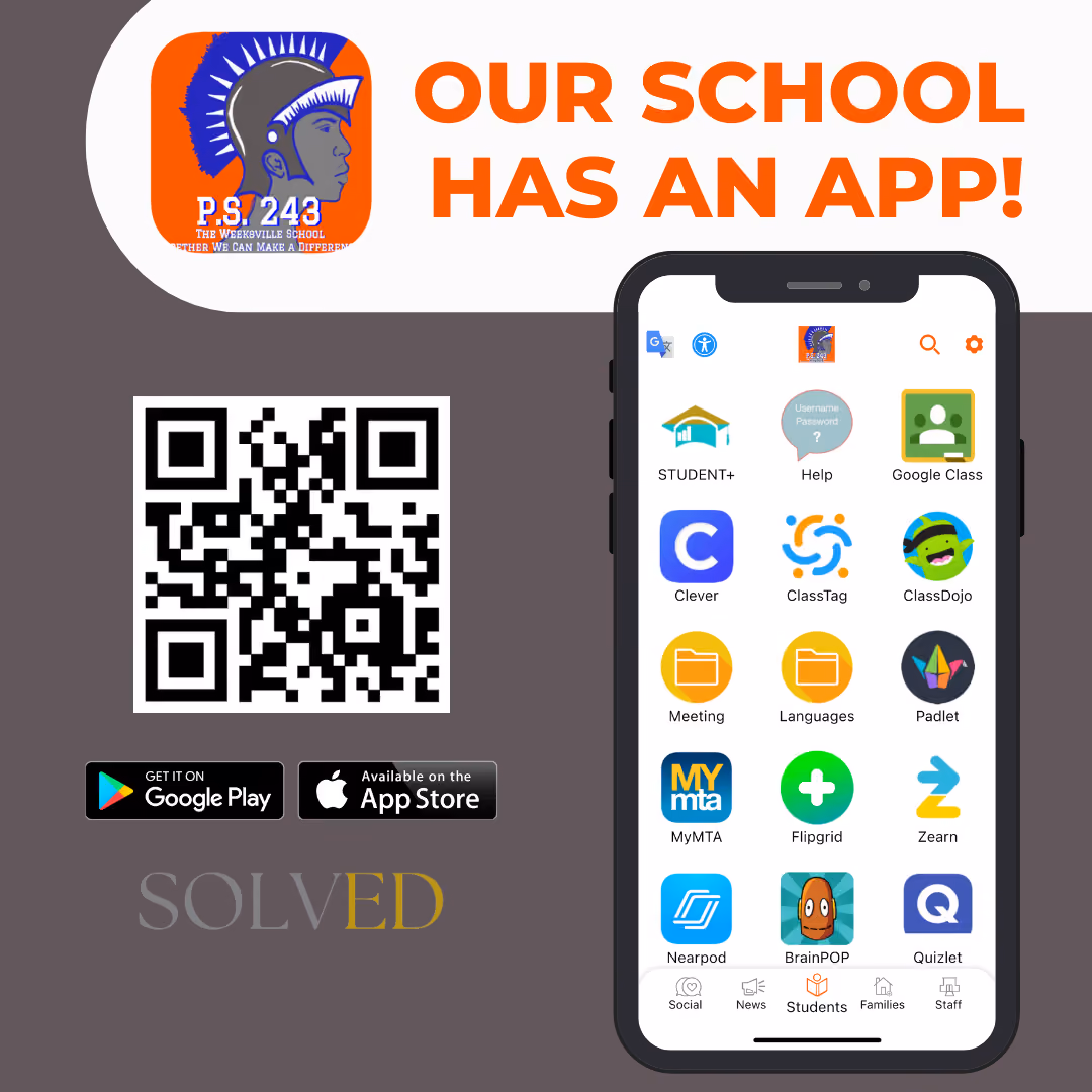 PS 243 Weeksville School mobile app download announcement with QR code