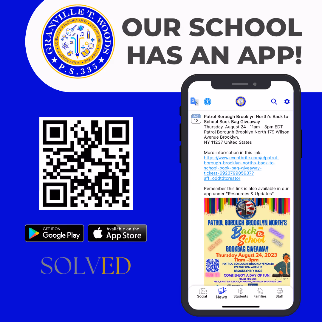 PS 335 Granville T Woods school app announcement with QR code and download links
