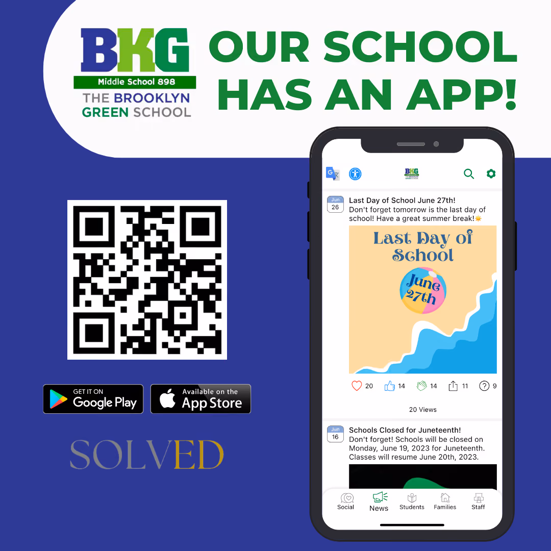 Brooklyn Green School MS 898 mobile app download flyer with QR code
