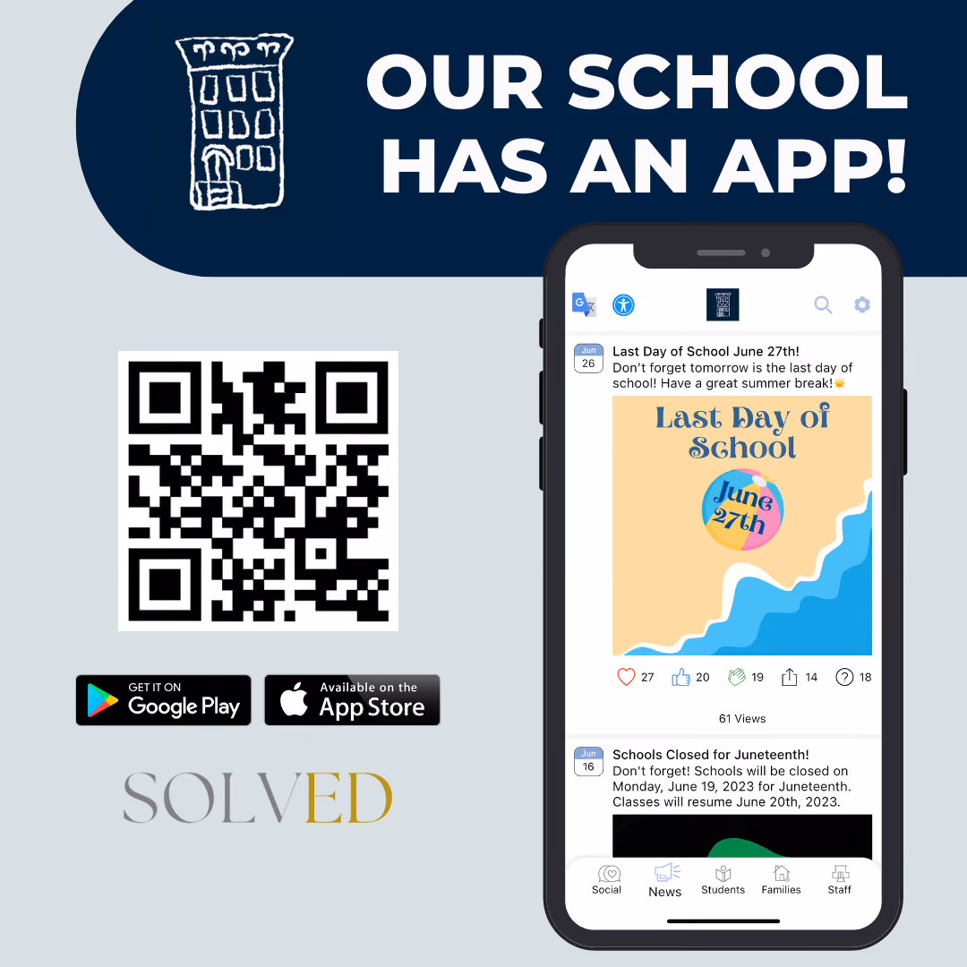 Promotional flyer for school mobile app with QR code download