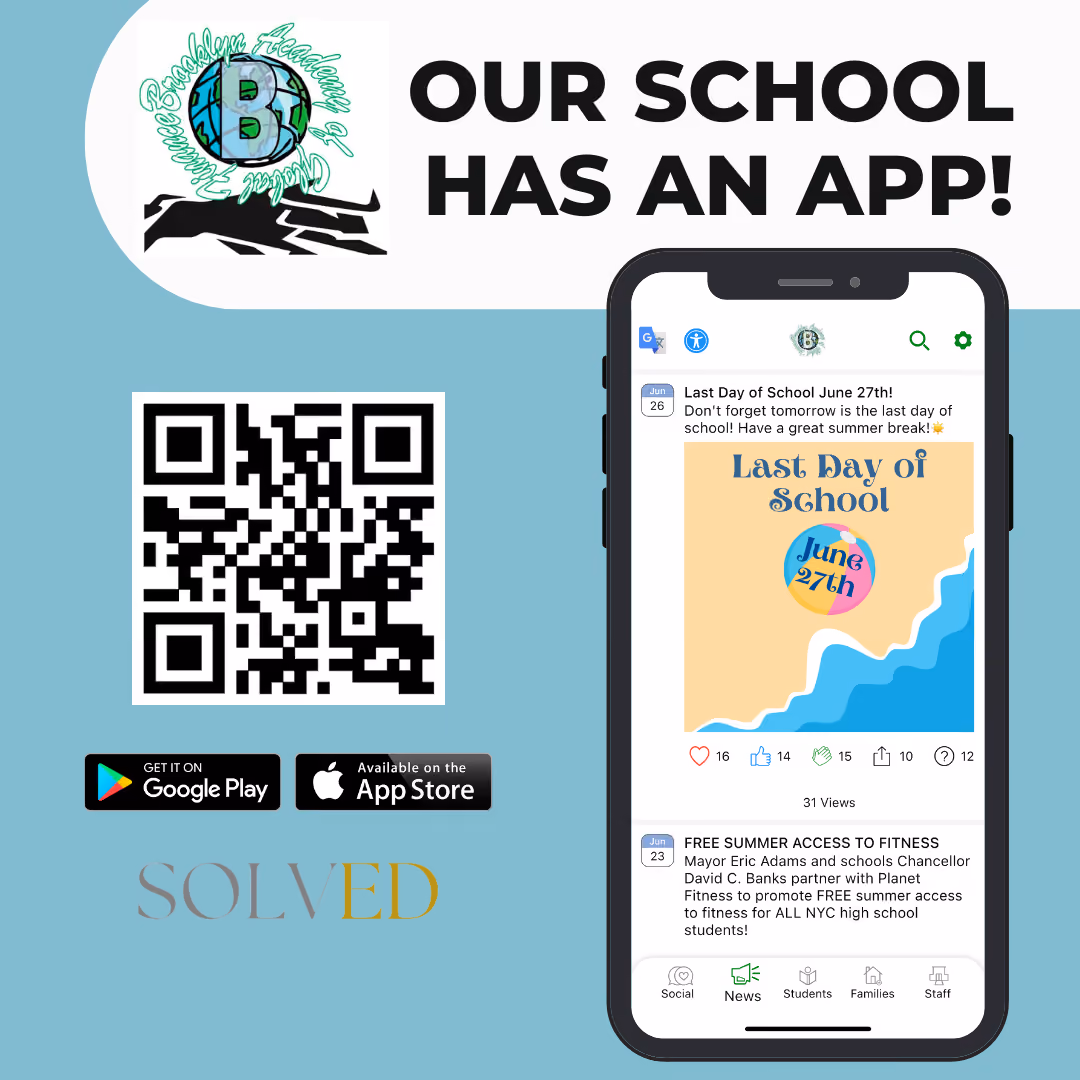 Brooklyn Academy of Science school app announcement with QR code download
