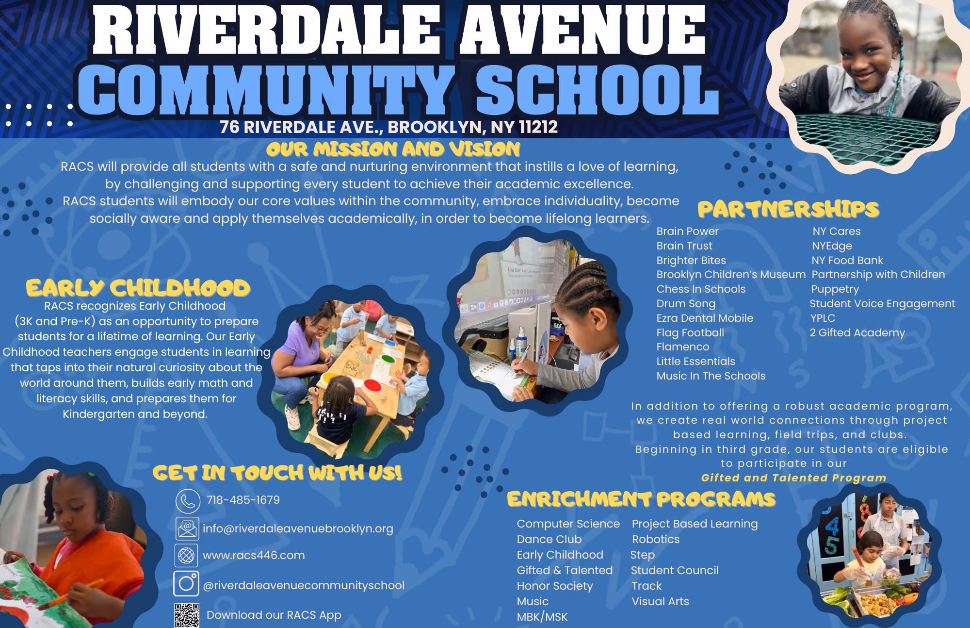 Riverdale Avenue Community School informational flyer with mission programs and contact details
