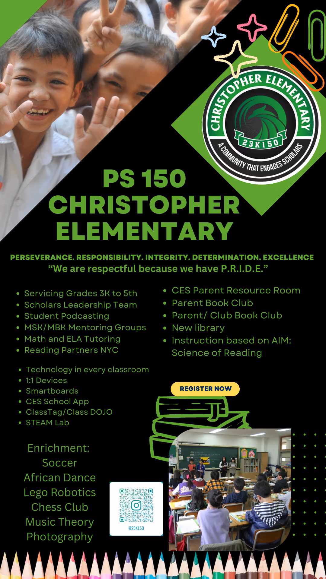 PS 150 Christopher Elementary School informational flyer with program offerings