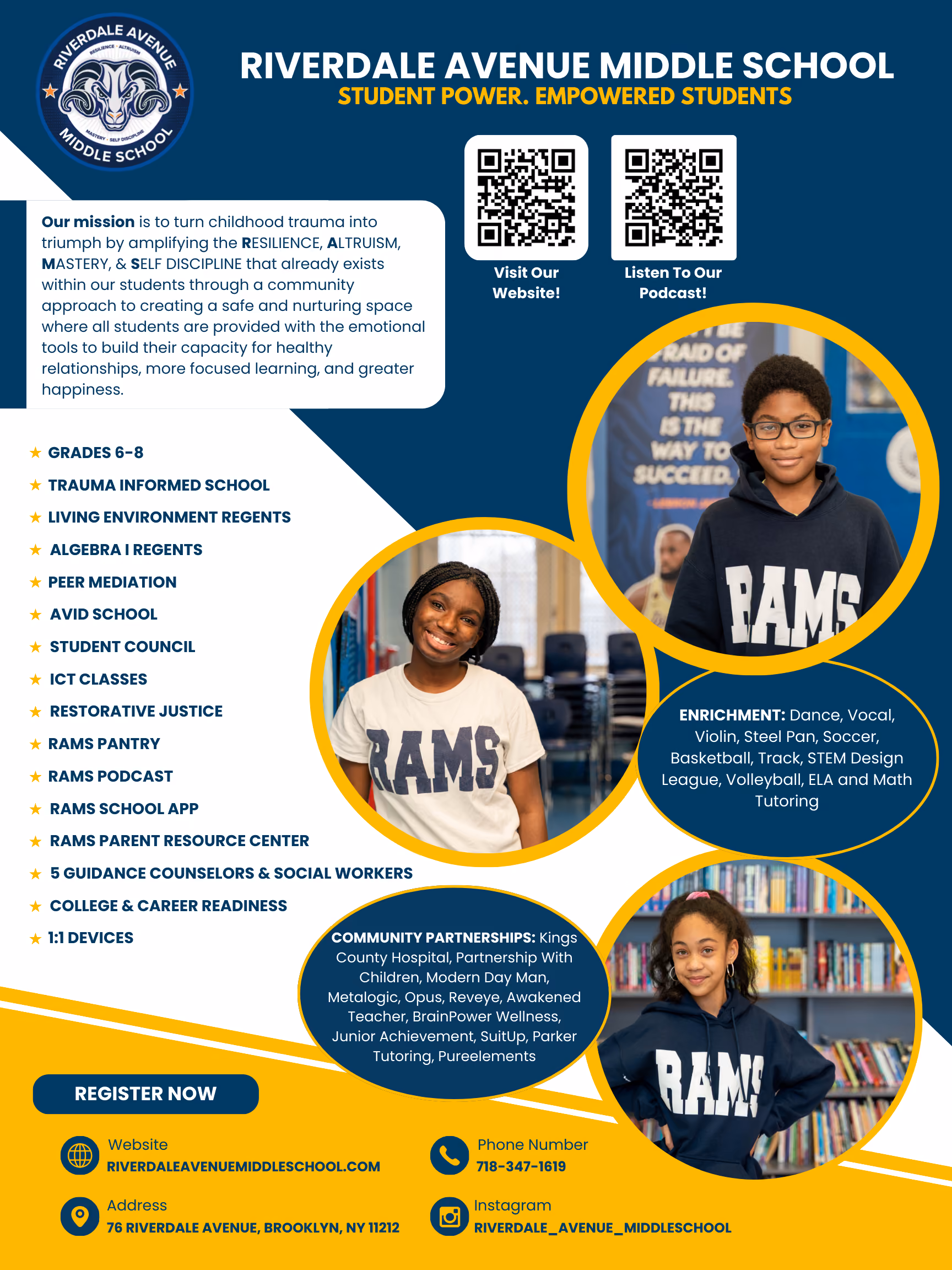 Riverdale Avenue Middle School promotional flyer featuring three students in Rams gear