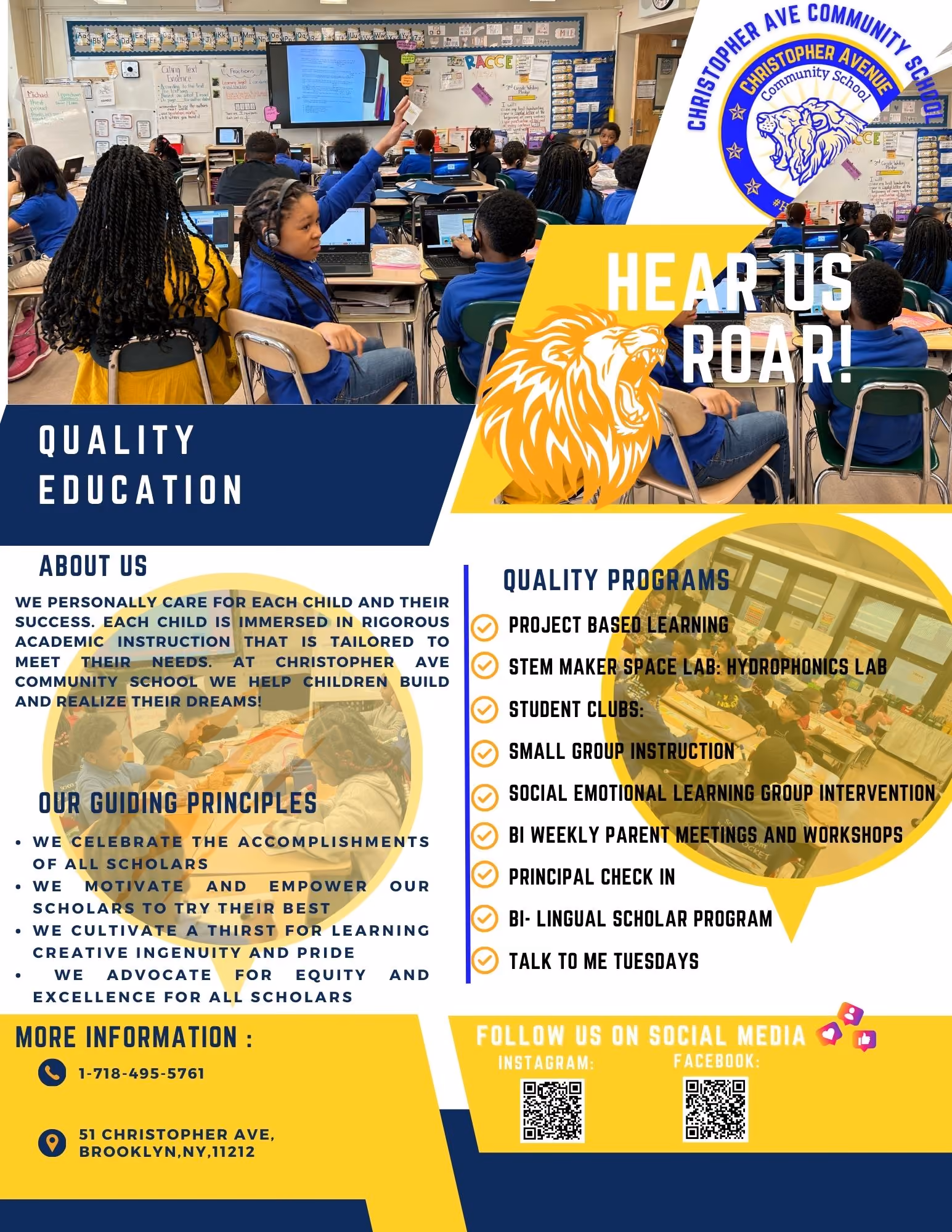 Christopher Avenue Community School quality education promotional flyer with classroom photos