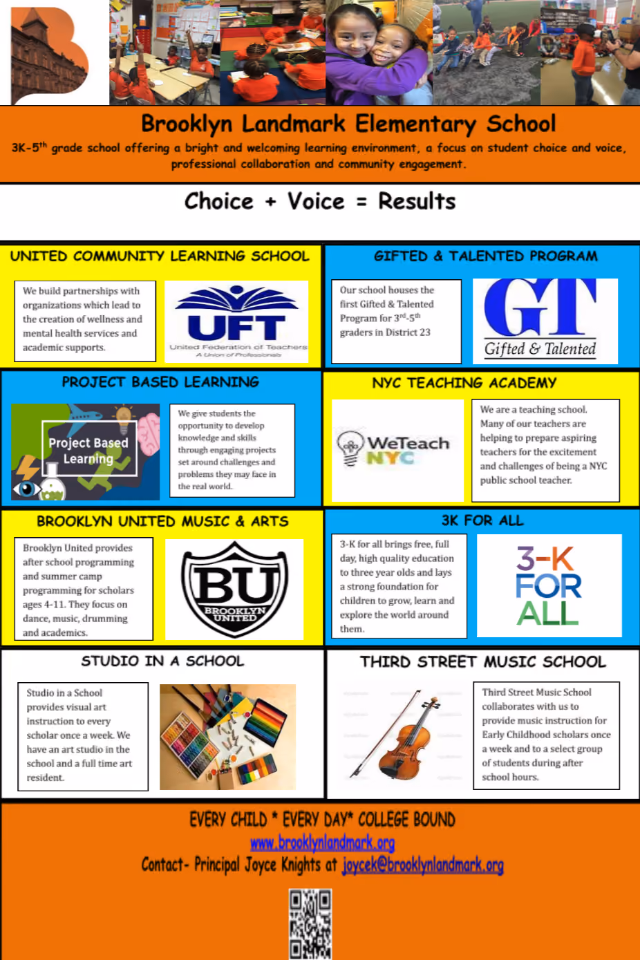 Brooklyn Landmark Elementary School programs and partnerships informational flyer