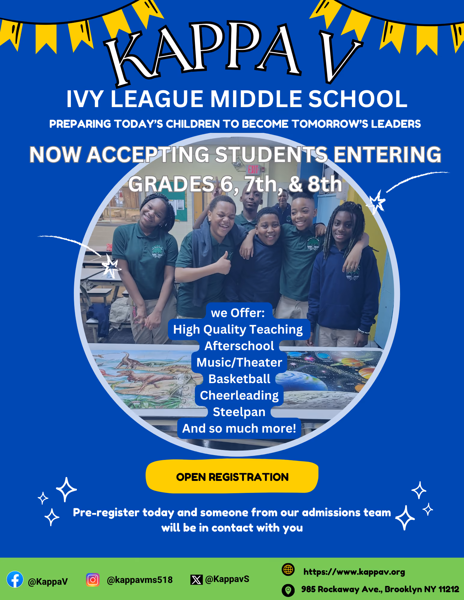 Kappa V Ivy League Middle School open enrollment flyer for grades 6 through 8