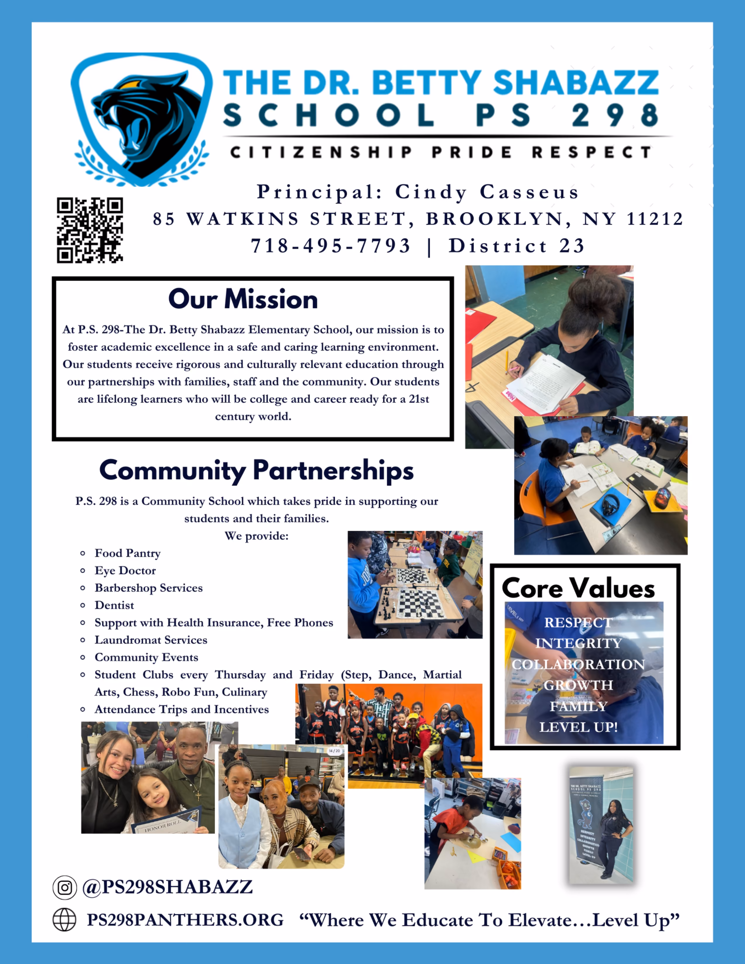 PS 298 Dr Betty Shabazz School informational flyer with student photos