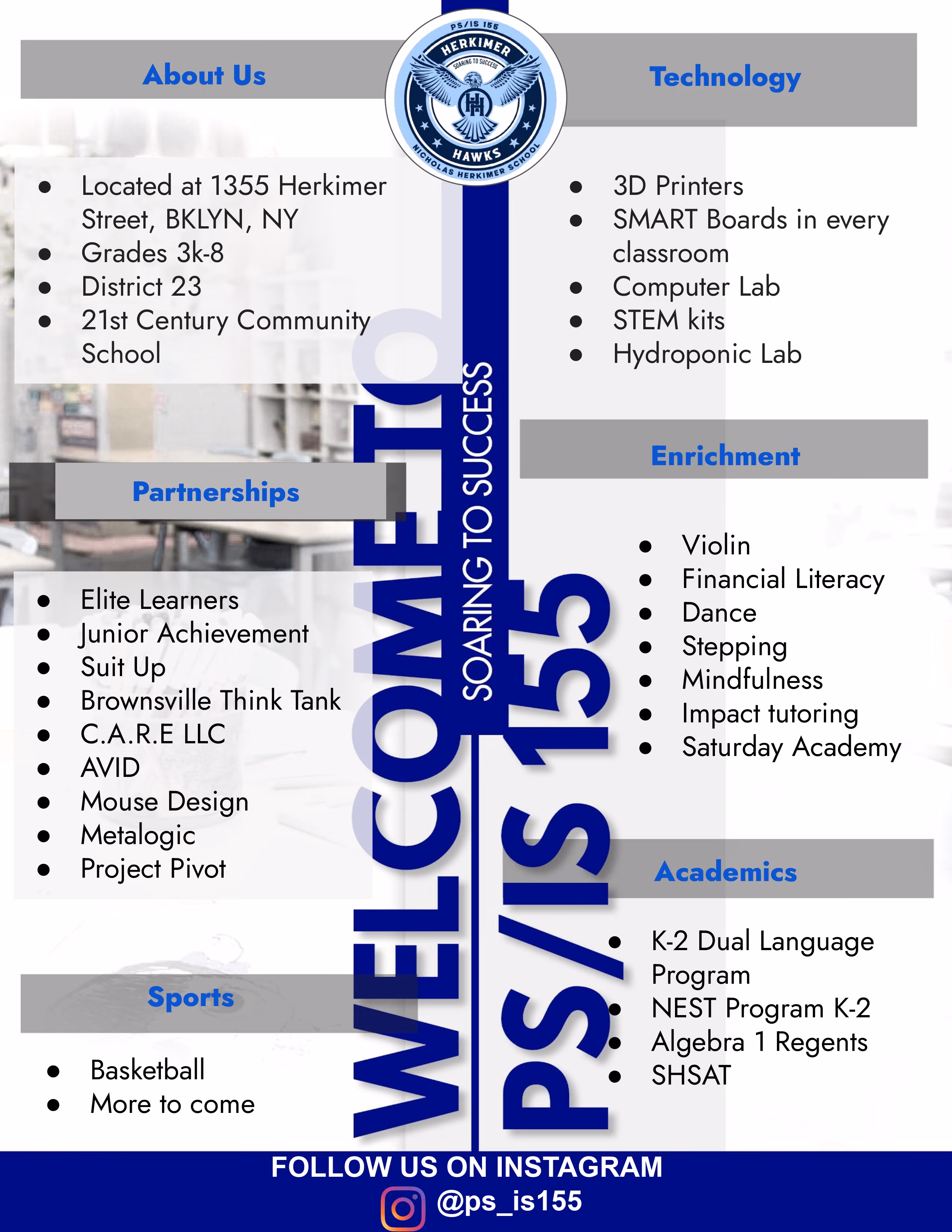 PS IS 155 school overview flyer with programs and contact information