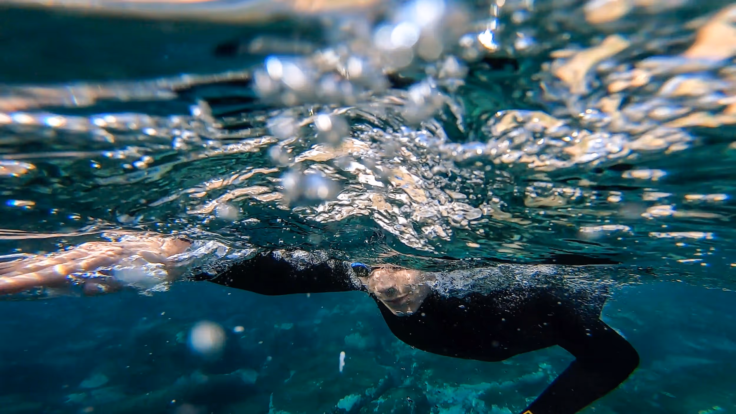 An underwater shot of a swimmer swimming front crawl in open water