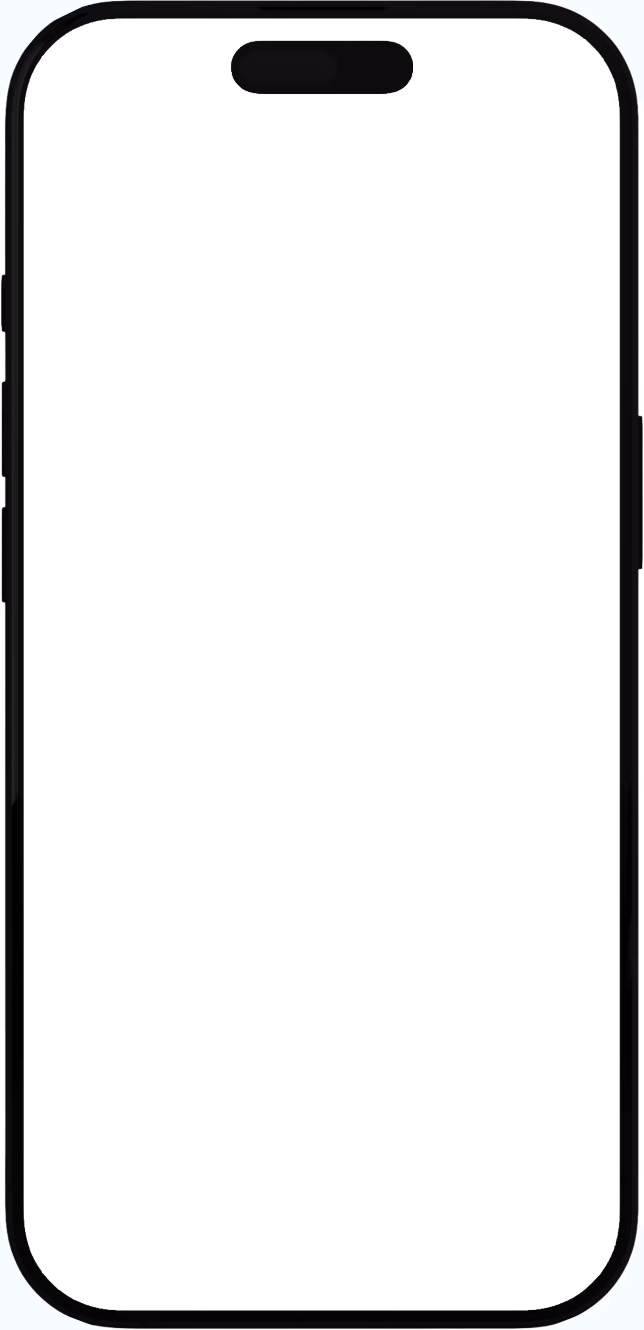 Front view of a black smartphone with a pill-shaped cutout for the front camera and sensors at the top center of the screen.