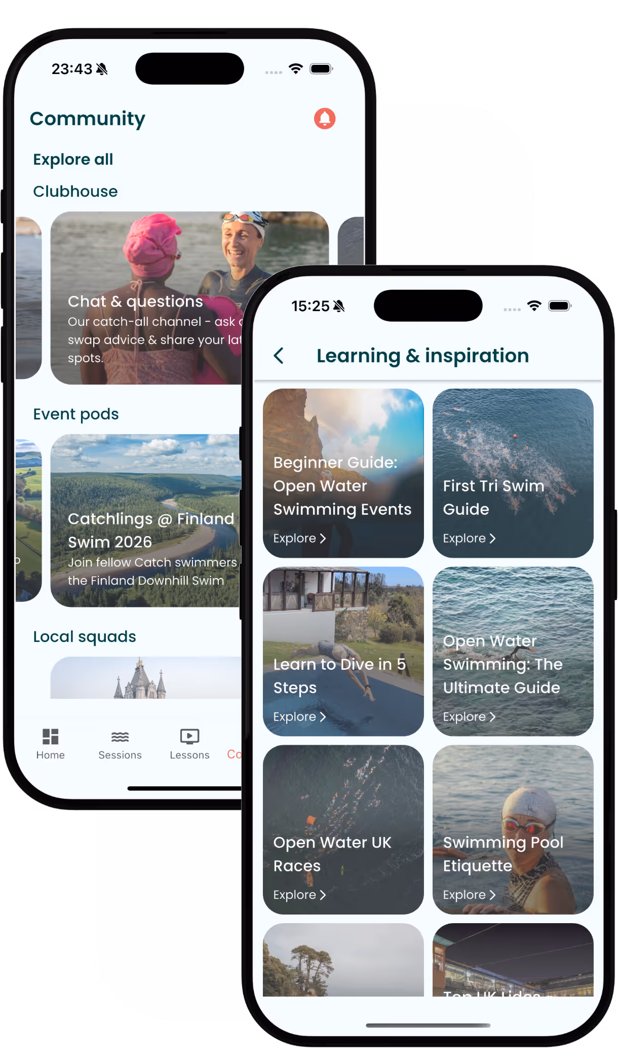 Two smartphones displaying a swimming community app with sections for community chat, event pods, local squads, and learning guides for open water swimming and triathlon.