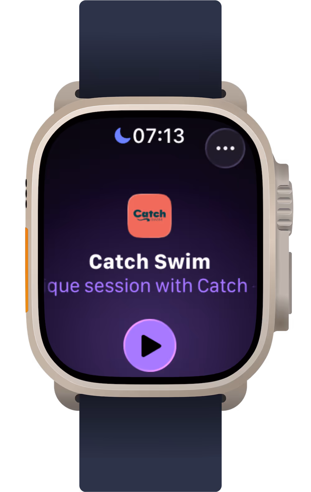 Apple Watch screen showing the Catch Swim app ready to start a swimming session with a purple play button.