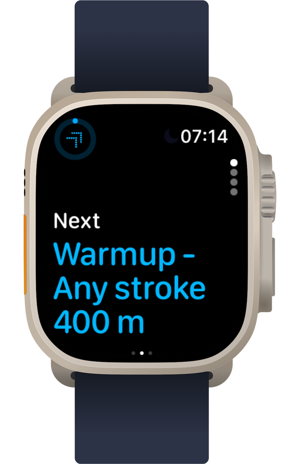 Smartwatch screen showing workout instruction: Next Warmup - Any stroke 400 meters, with time 07:14 and progress dots.