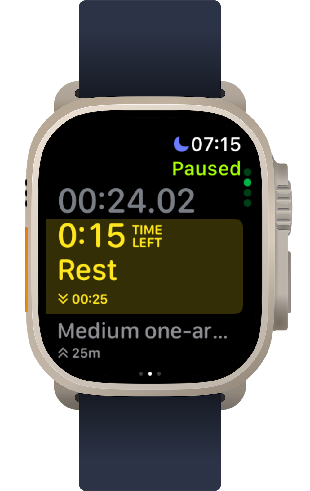Apple Watch showing a paused workout with 24 seconds elapsed and 15 seconds rest time left.