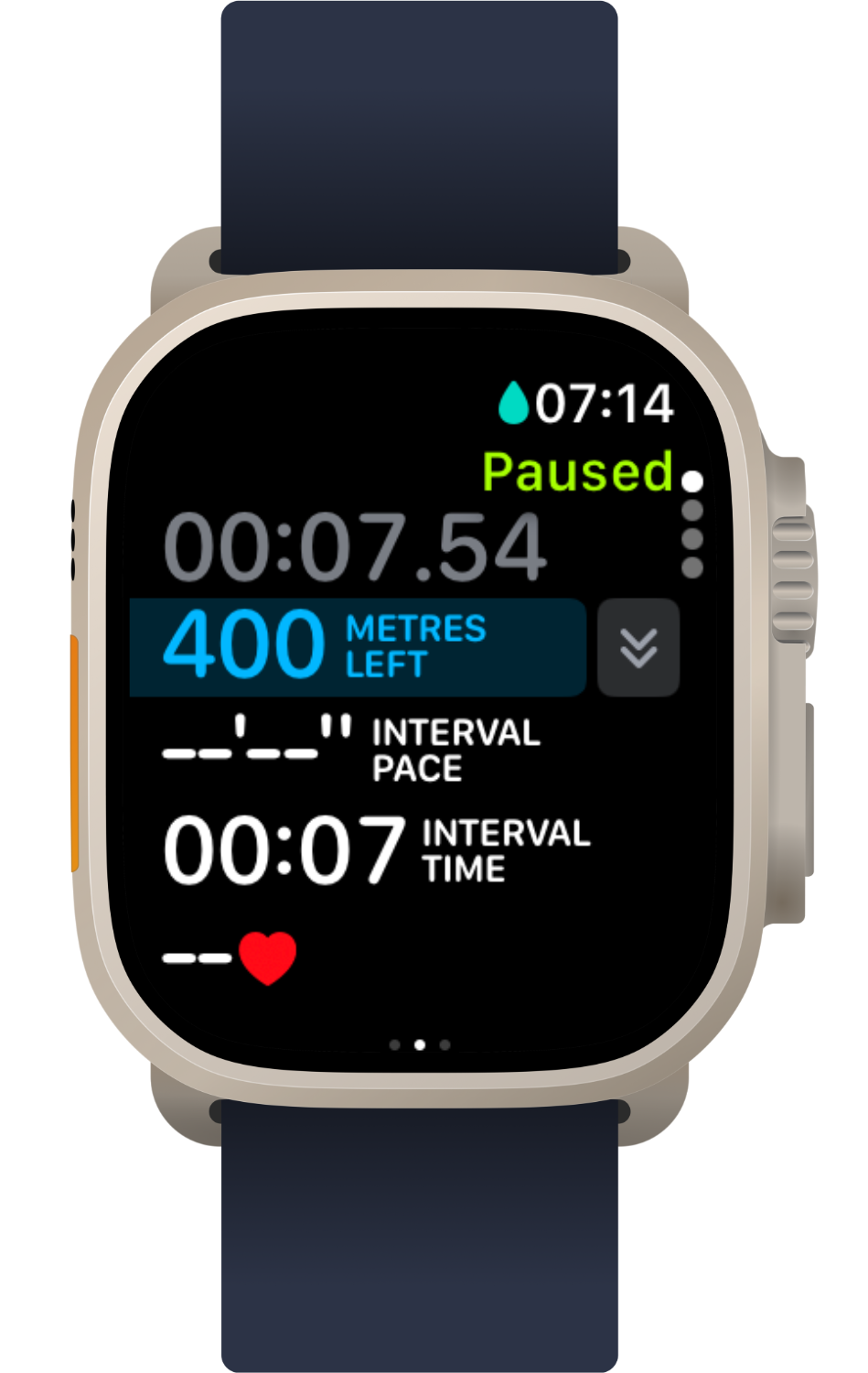Smartwatch screen showing a paused workout with 7 minutes 14 seconds elapsed, 400 meters left, interval time of 7 seconds, and no heart rate displayed.