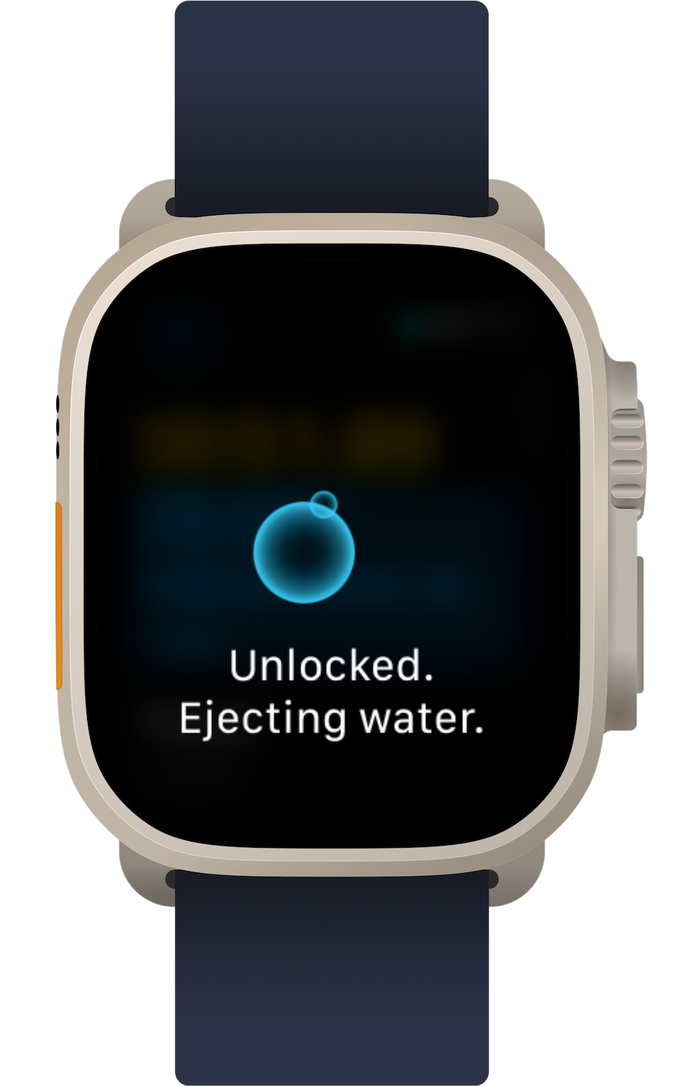 Smartwatch screen showing a blue water droplet icon with the message 'Unlocked. Ejecting water.'
