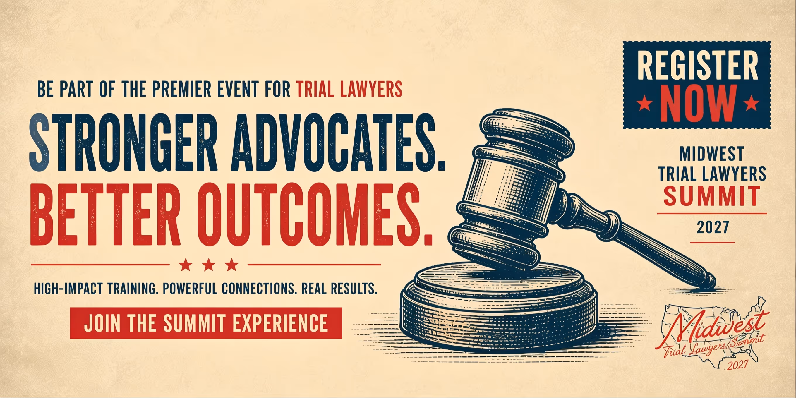 Promotional image for Midwest Trial Lawyers Summit 2027 with a judge's gavel and registration call.
