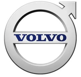 Silver circular Volvo logo with an arrow pointing diagonally upward to the right and the word 'VOLVO' in blue across the center.
