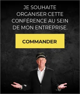 Man in black suit and cap gesturing with open hands under text inviting to organize a conference within a company, with a yellow button labeled 'Commander'.