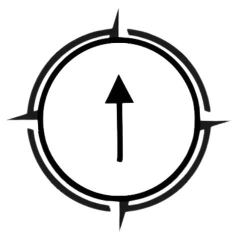 Black compass icon with arrow pointing north inside a circular frame with cardinal direction markers.
