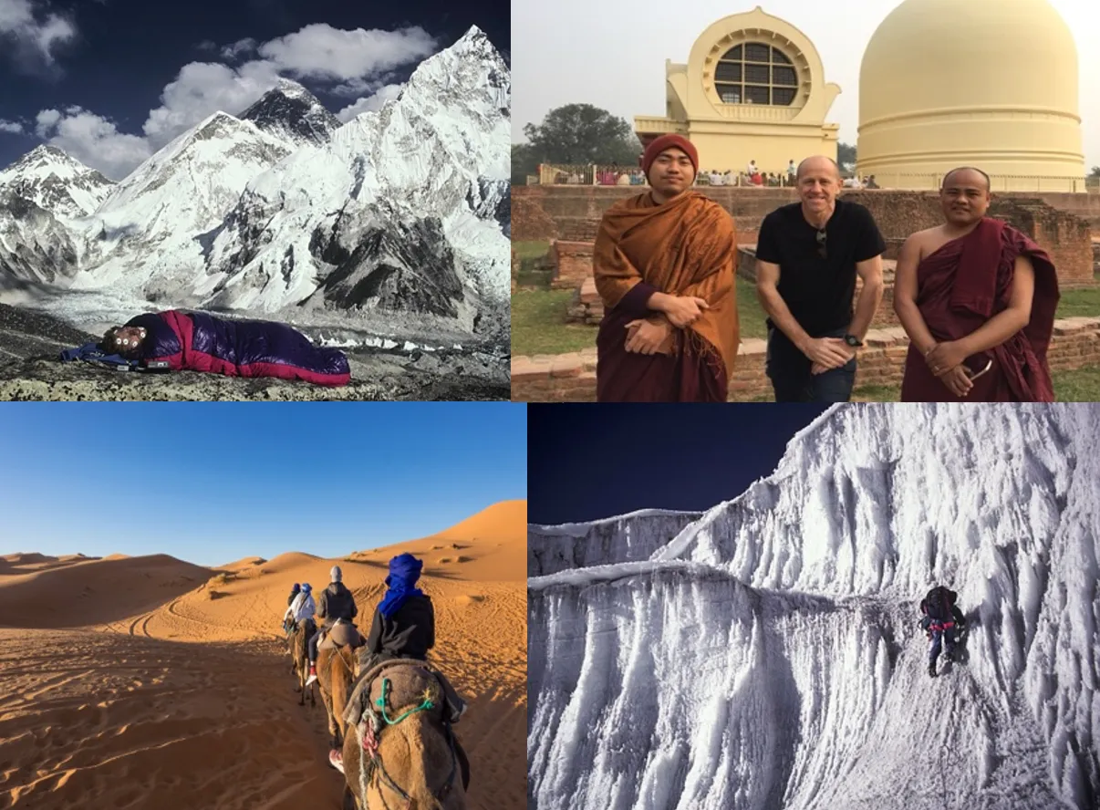 Collage of four images: person sleeping outdoors in a sleeping bag near snowy mountains, two monks and a man posing in front of a temple, group riding camels in a desert, and a climber scaling a steep icy cliff.