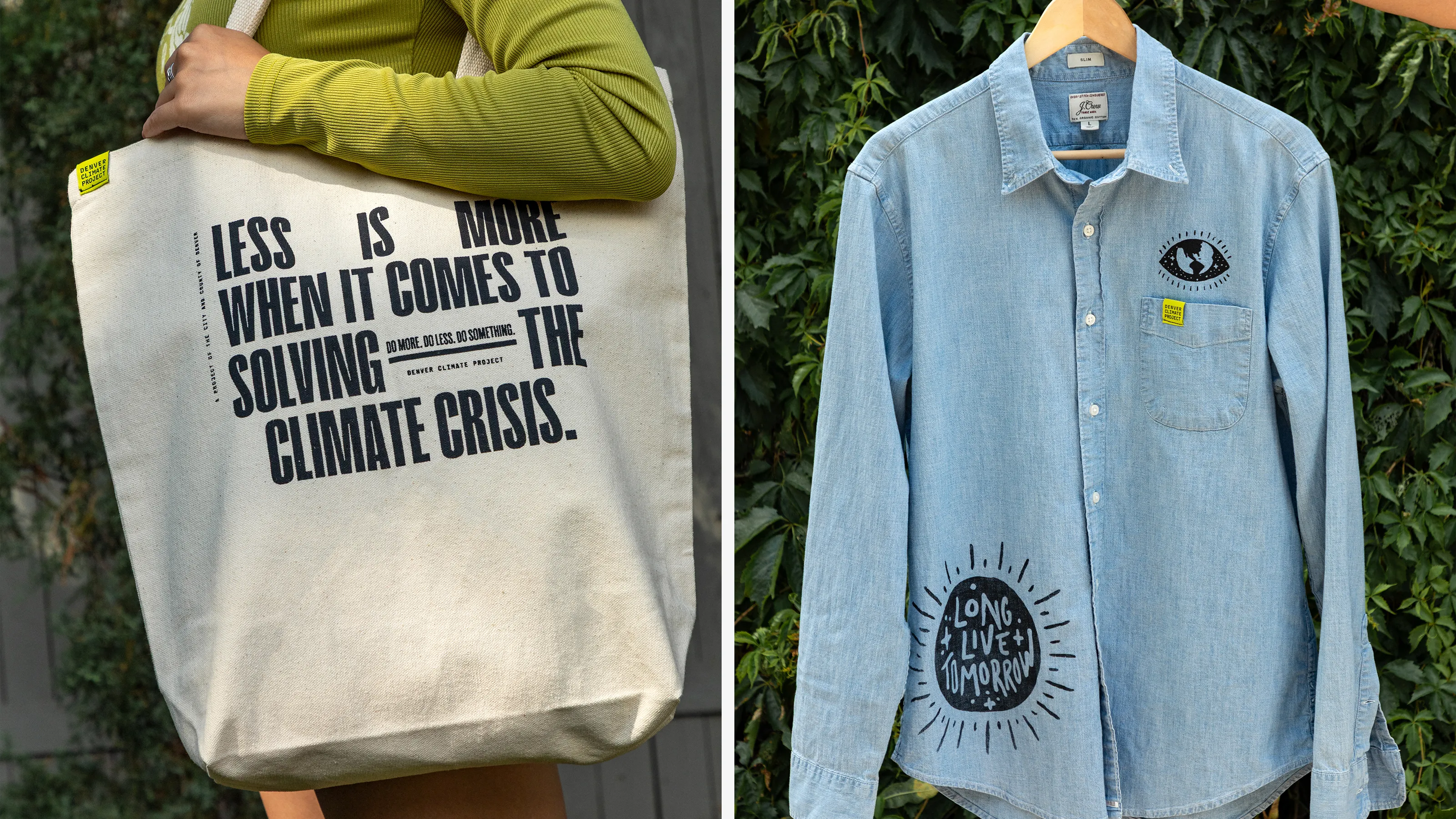 clothing pieces with custom screenprint black designs and text on a tan totebag
