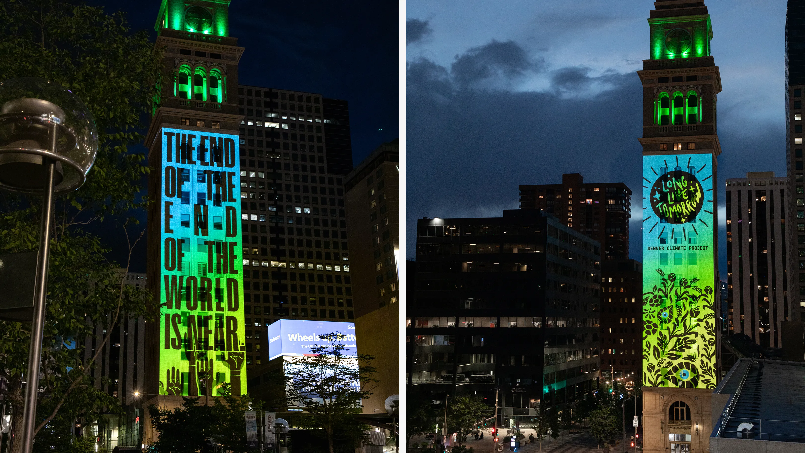 Large projection on a downtown city clocktower with campaign messaging and illustrations animated