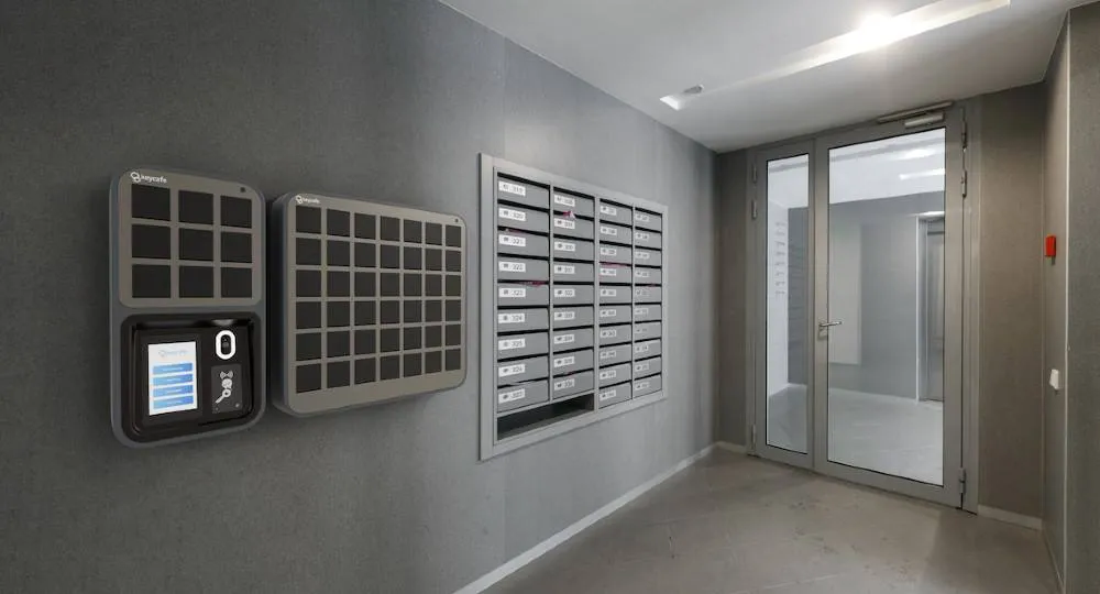 SmartBoxes in a residential building lobby.