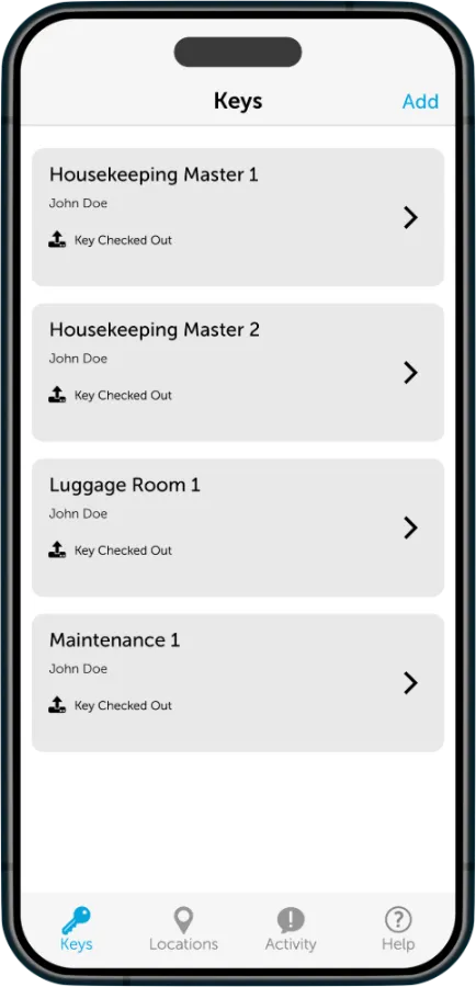 Mobile app showing hotel room key names