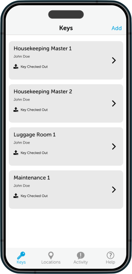 Mobile app showing hotel room key names