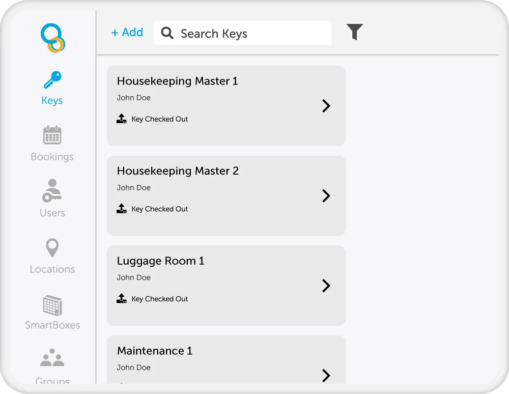 Desktop app showing hotel room key names