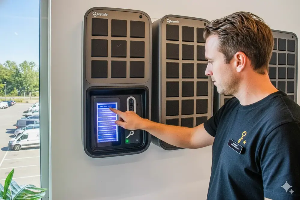 A guy choosing a key from the Keycafe console screen.