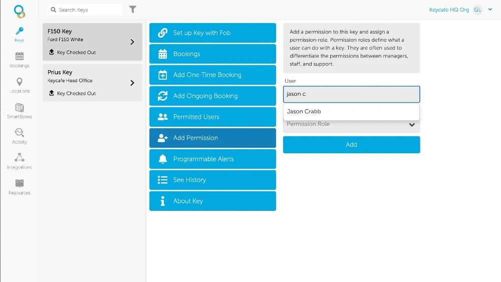 Screenshot of Keycafe app showing a username autocomplete