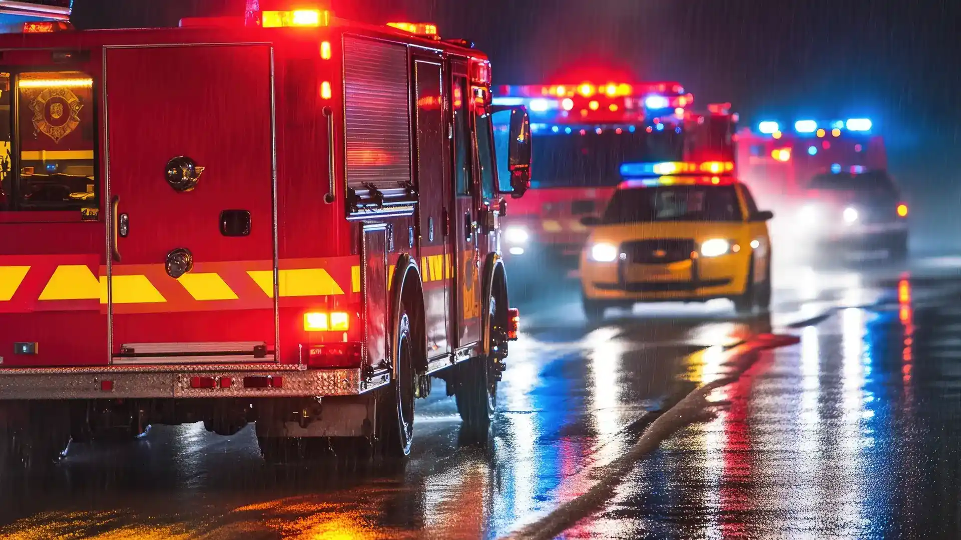 Carros de policías y bomberos en la lluvia