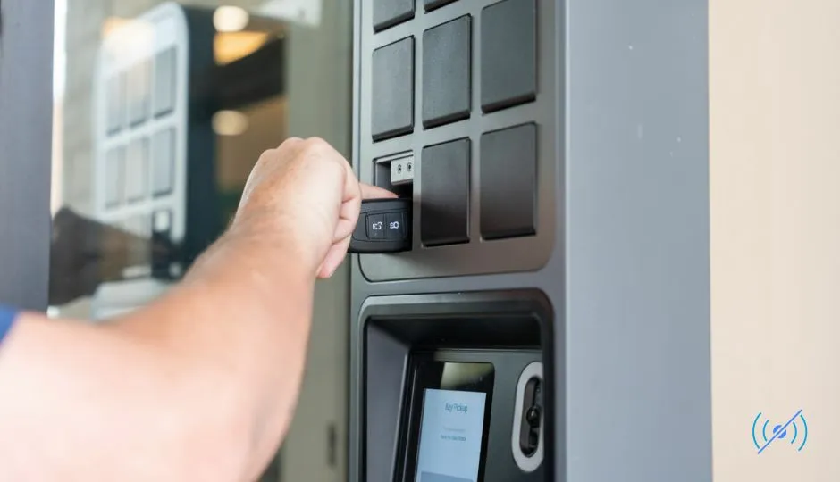 Dealership staff accessing vehicle keys from a Keycafe SmartBox during an internet outage
