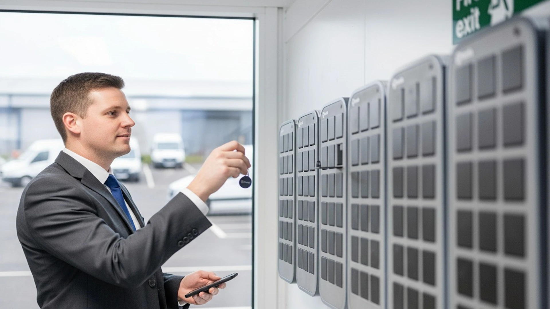 man olding a car's key with a Keycafe fob in a car dealership.