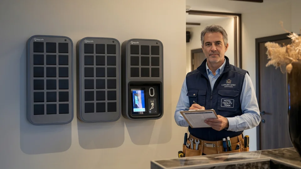 A professional maintenance contractor holding a clipboard stands next to three Keycafe smart key locker systems in a modern hotel hallway.