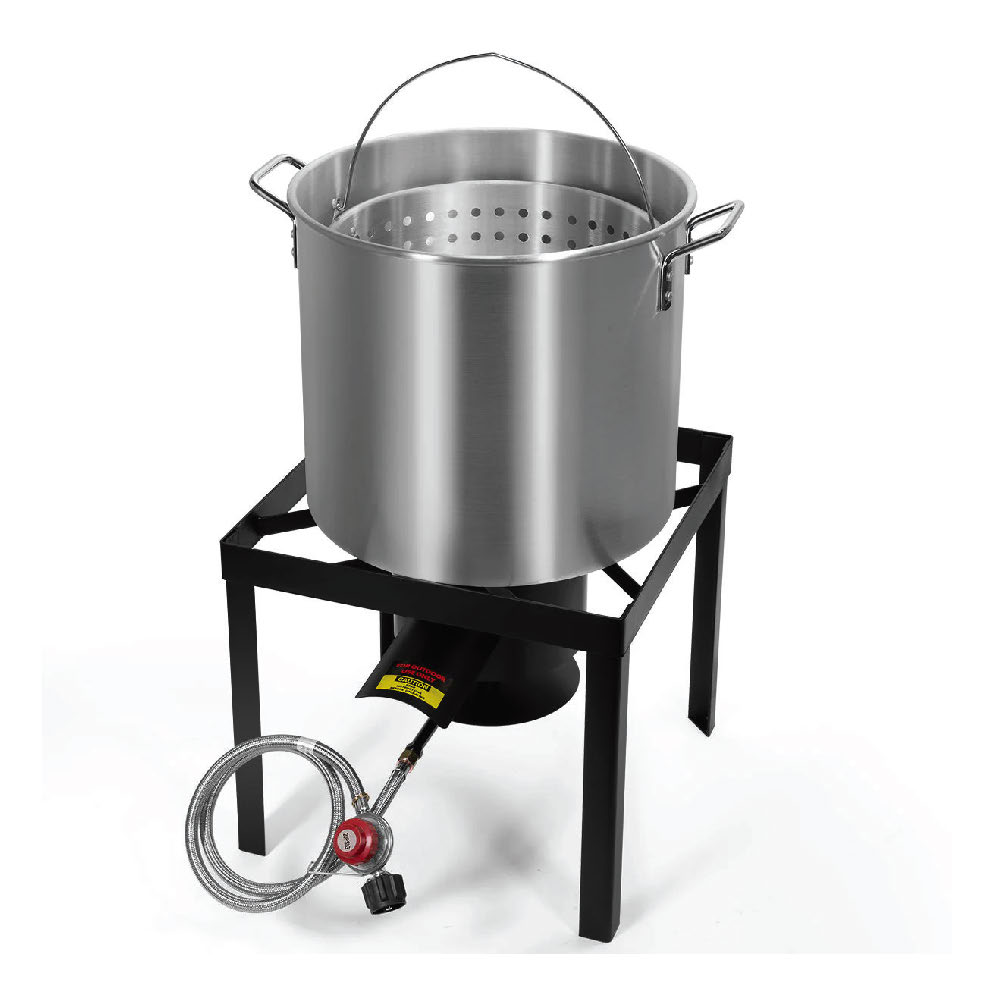 silver stew pot with lid, sitting on a propane cooking stand