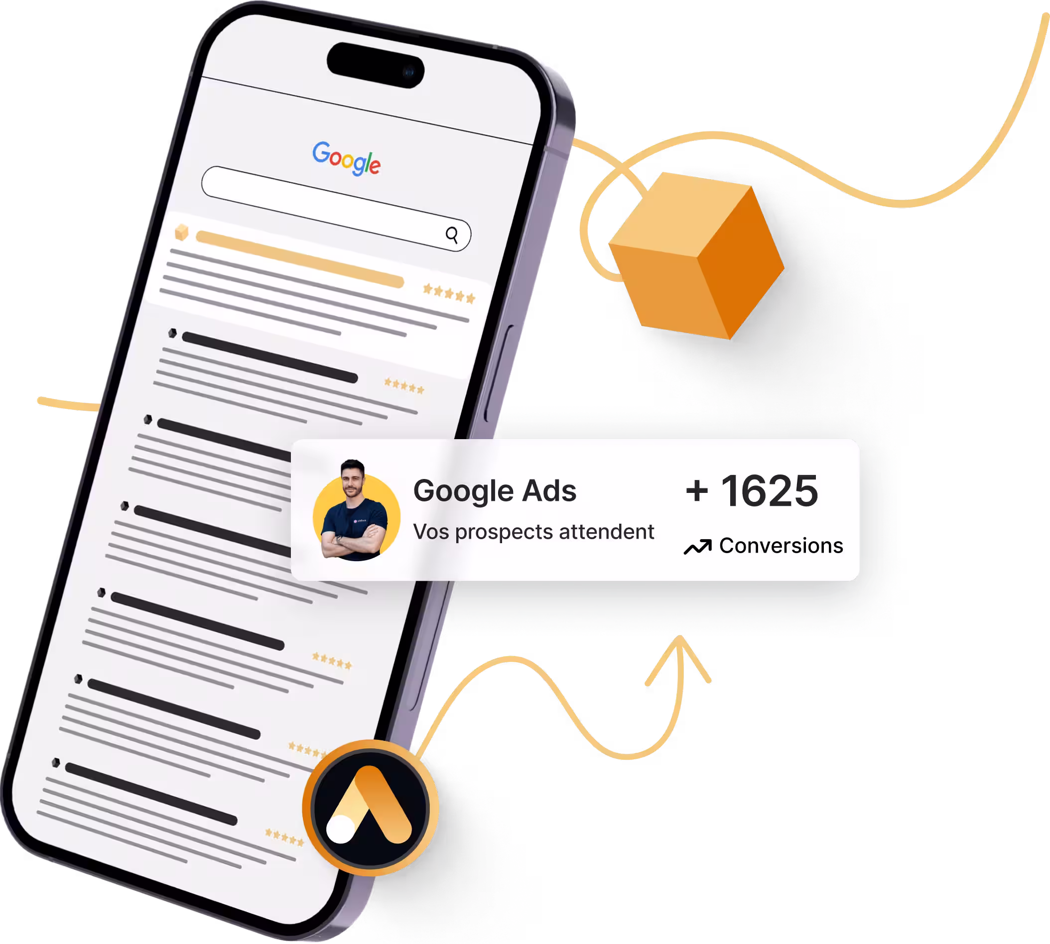 mockup d'un smartphone avec des annonces de l'agence google ads