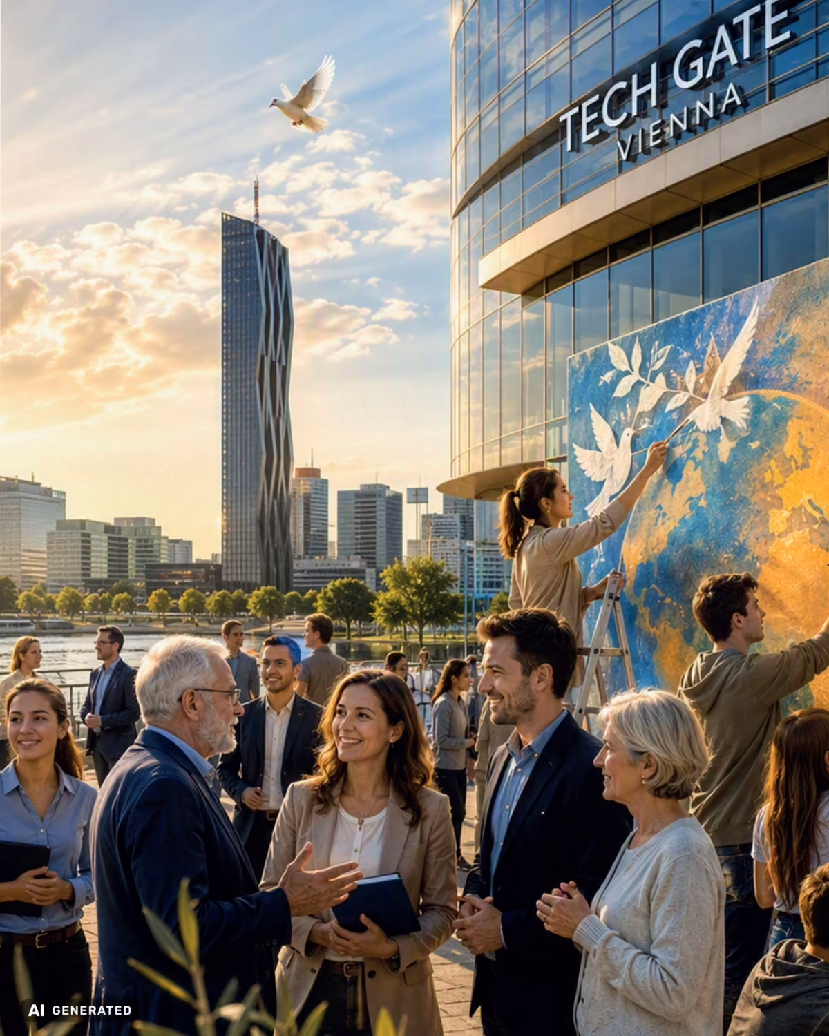 Menschen im Gespräch vor dem Tech Gate Vienna, im Hintergrund ein Wandbild mit Friedenstauben