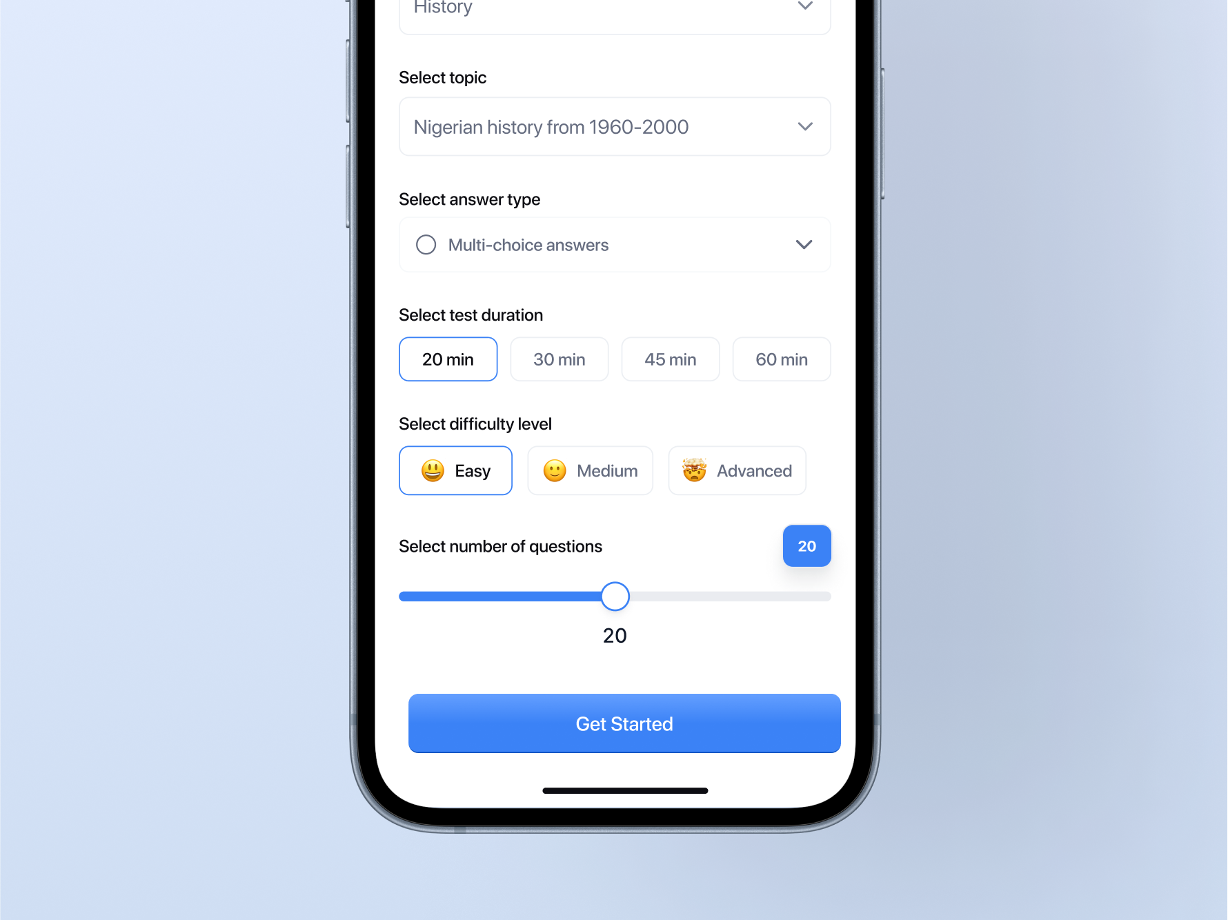Practice test creation screen