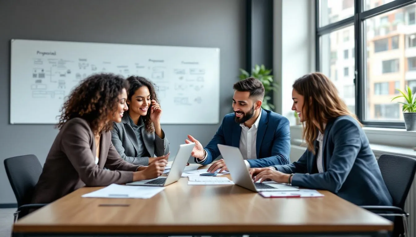 In the image, a diverse team is actively collaborating on proposal documents, surrounded by multiple screens displaying rfp responses and security questionnaires. They are engaged in discussions, utilizing rfp software and generative ai tools to generate accurate and tailored responses for winning proposals.