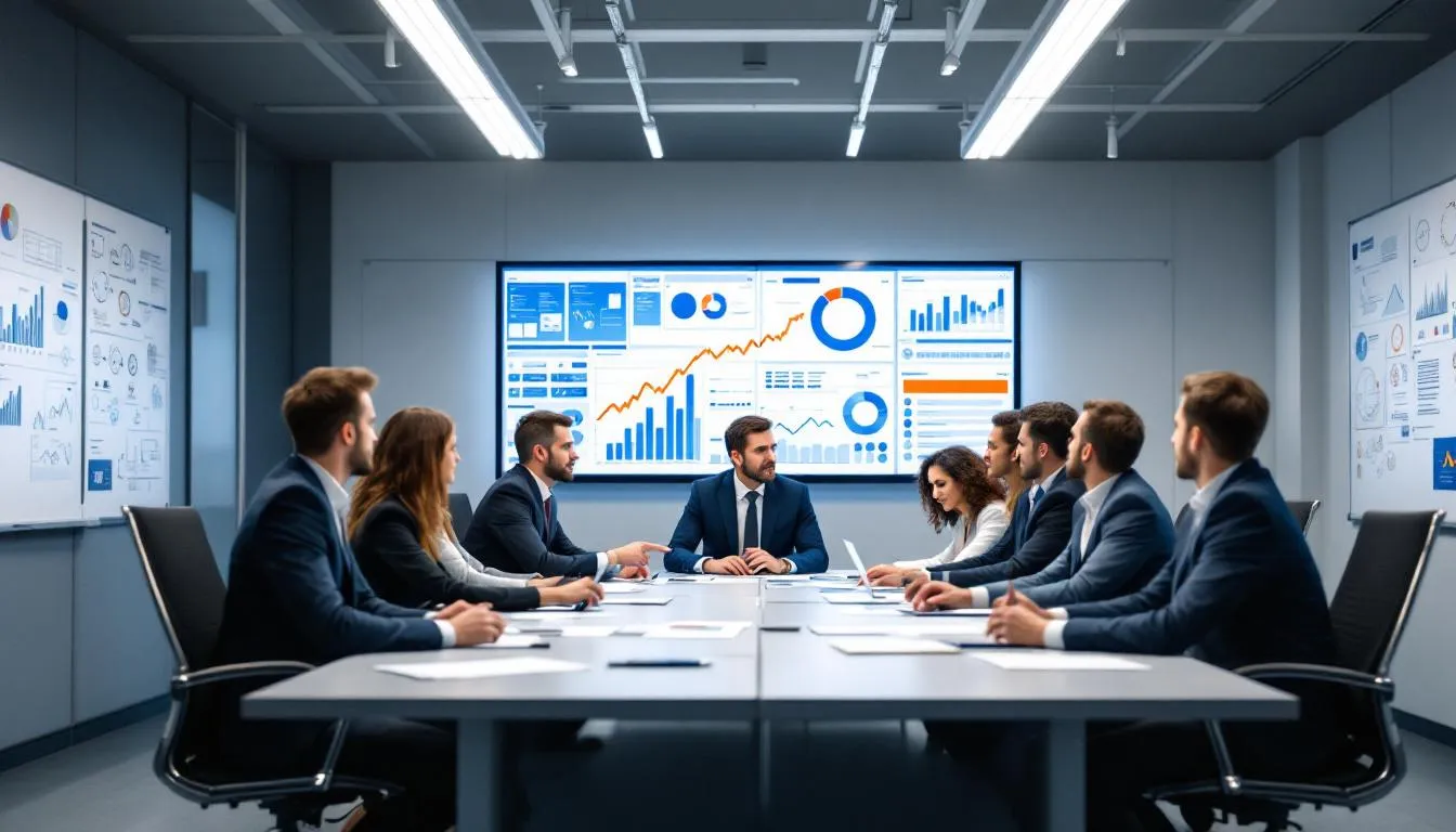 In the image, a group of business professionals is focused on analyzing data and strategies displayed on multiple monitors, utilizing advanced rfp software and generative AI to enhance their collaborative workflows and automate rfp responses for accurate and tailored proposals. They appear engaged in discussions, highlighting the importance of knowledge sources and competitive edge in the rfp process.