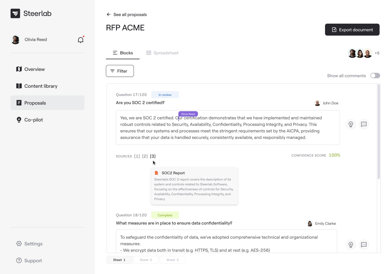 Steerlab's RFP automation software screenshot