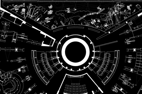 Radial exhibition floor plan for the National WWI Museum, drawn in white on black