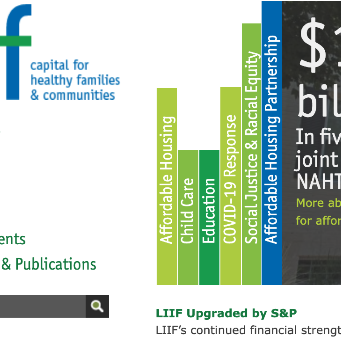 thumbnail.png	Detail of the LIIF homepage showing the logo and a row of vertical color-coded bars labeled with the fund's program areas.
