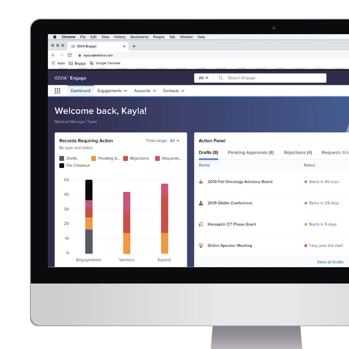 IQVIA Engage dashboard on a desktop monitor, showing a Records Requiring Action bar chart and an Action Panel of draft engagements.